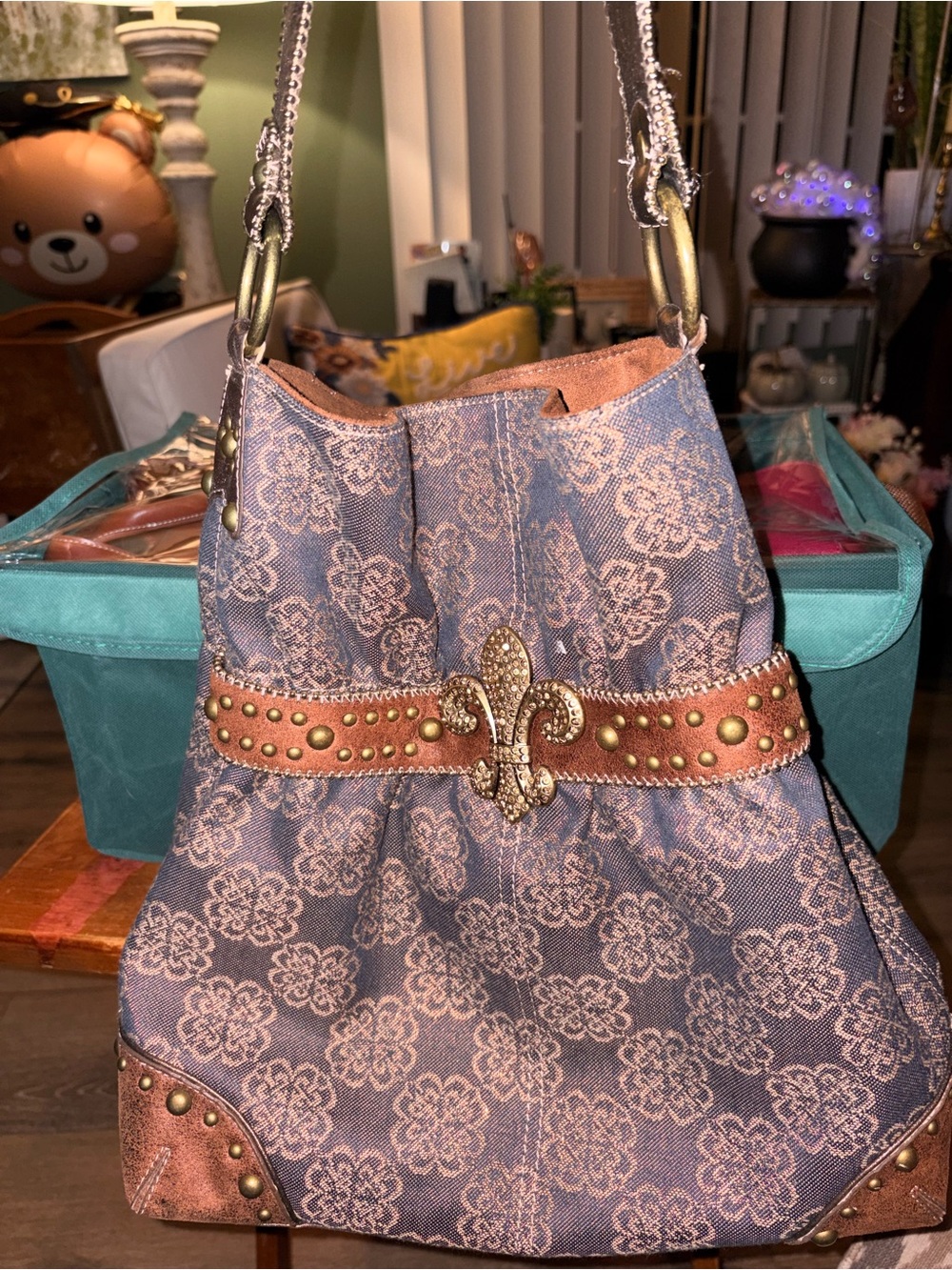 Kathy Van Zeeland Blue Lace-Pattern Shoulder Bag with Brown Trim, gold accents